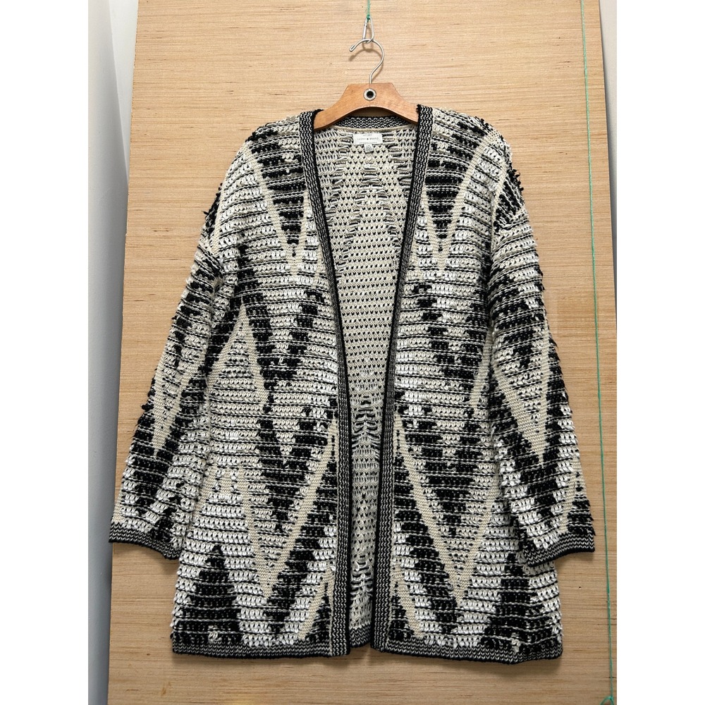Lucky Brand Womens Large Black White Geometric Chevron Knit Open Front Cardigan